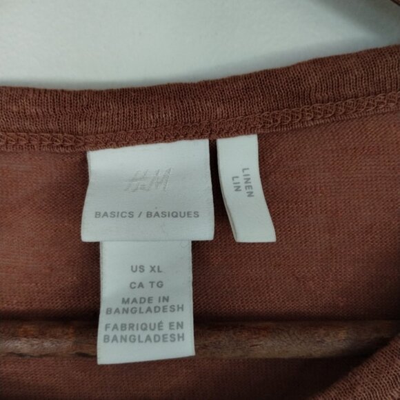 H&M Shirt Womens XL Brown Round Neck Short Sleeve 100% Linen Normcore - Picture 3 of 8